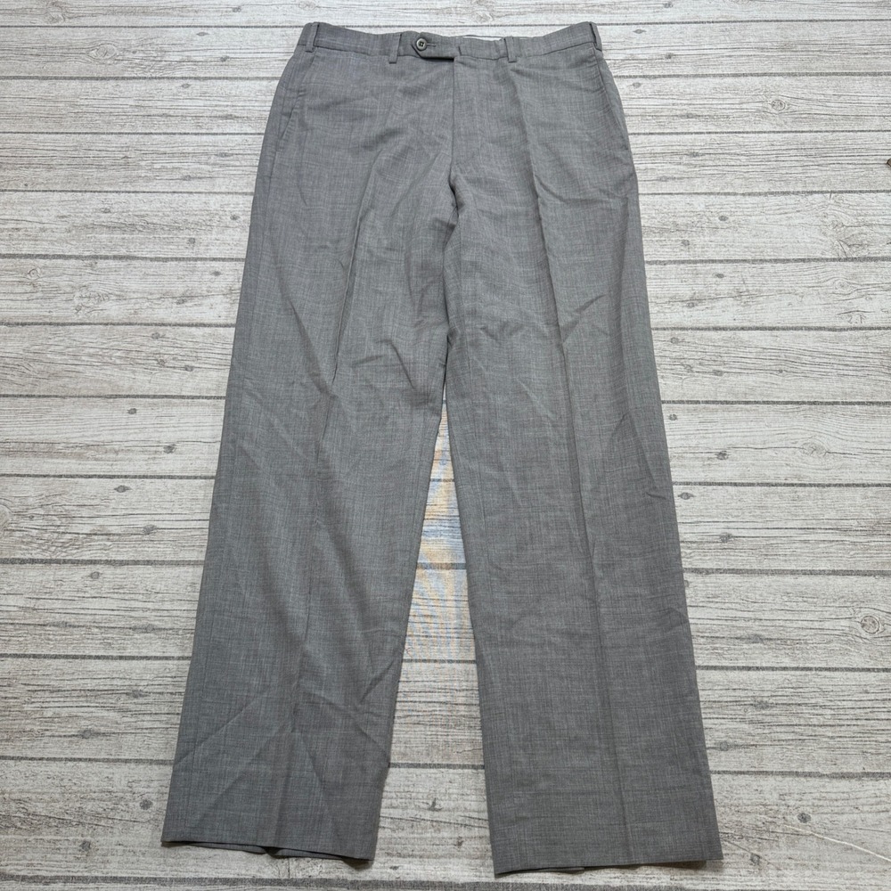 Vintage Dress Pants Men's 34 Gray Wool Flat Front Straight Leg Trousers Tailored
